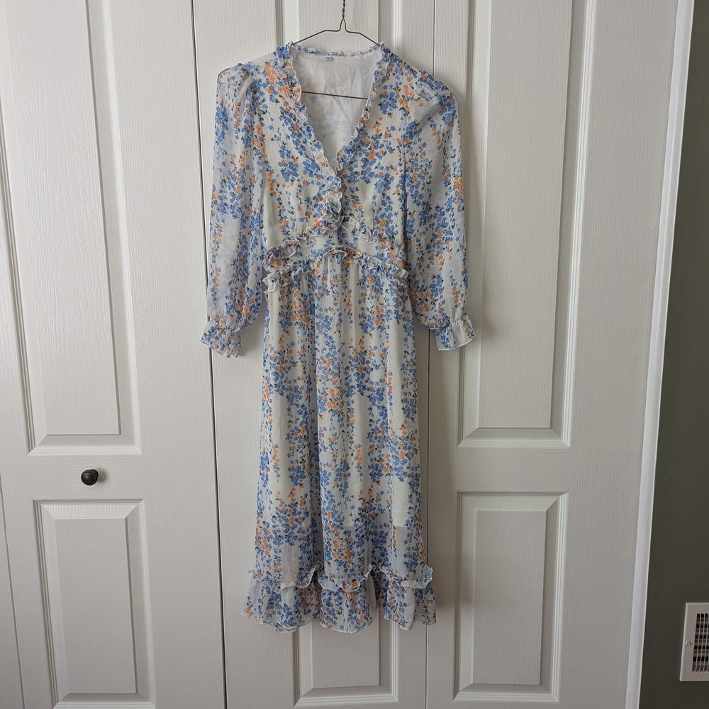 Blue and White Ruffled Tie Front Midi Dress